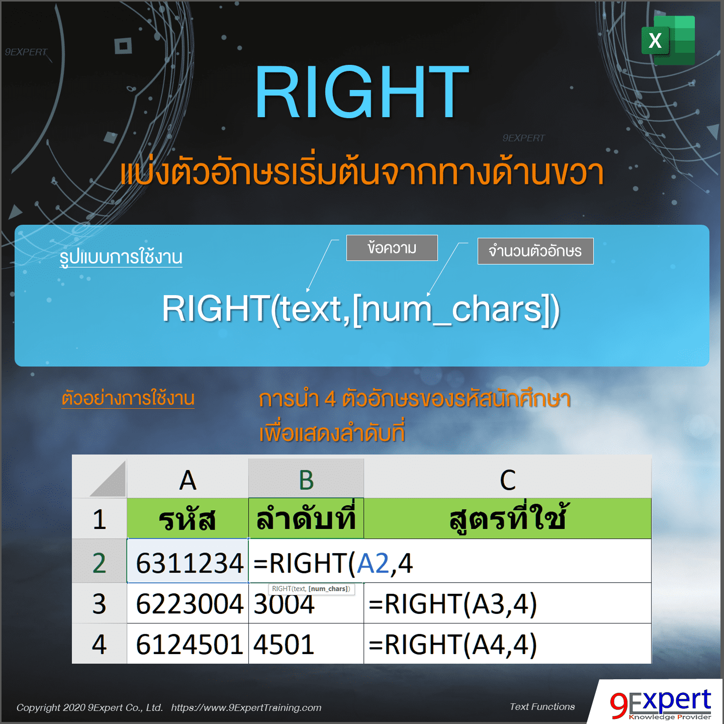 ตัวอย่างการใช้งานฟังก์ชัน RIGHT ของ Excel