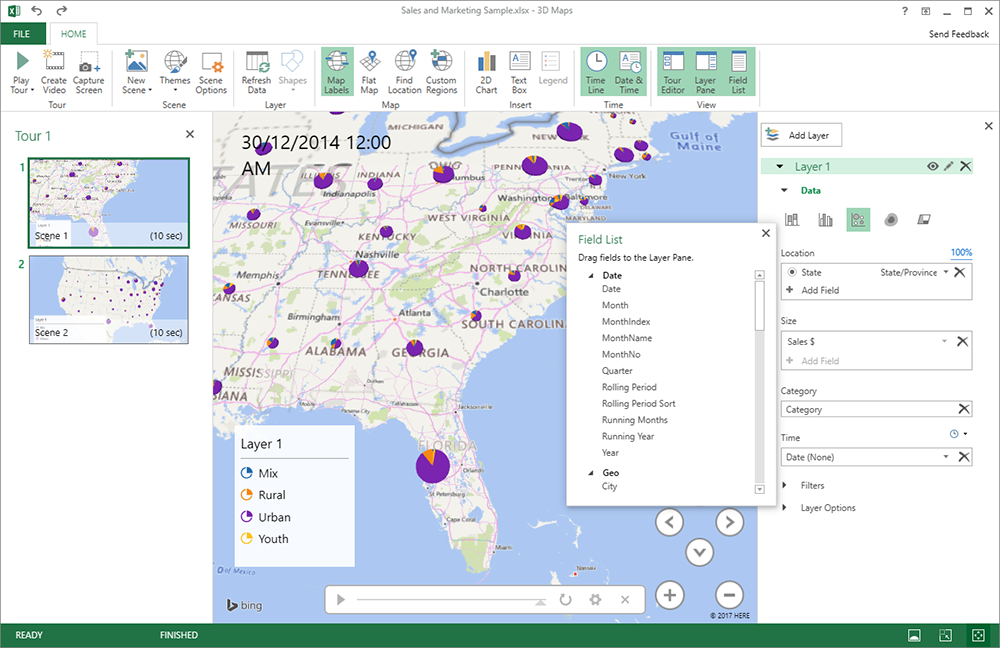 Power Map 3D บน Excel Power BI สามารถแสดงผลแผนที่โดยใช้ Bing Map เป็น Engine