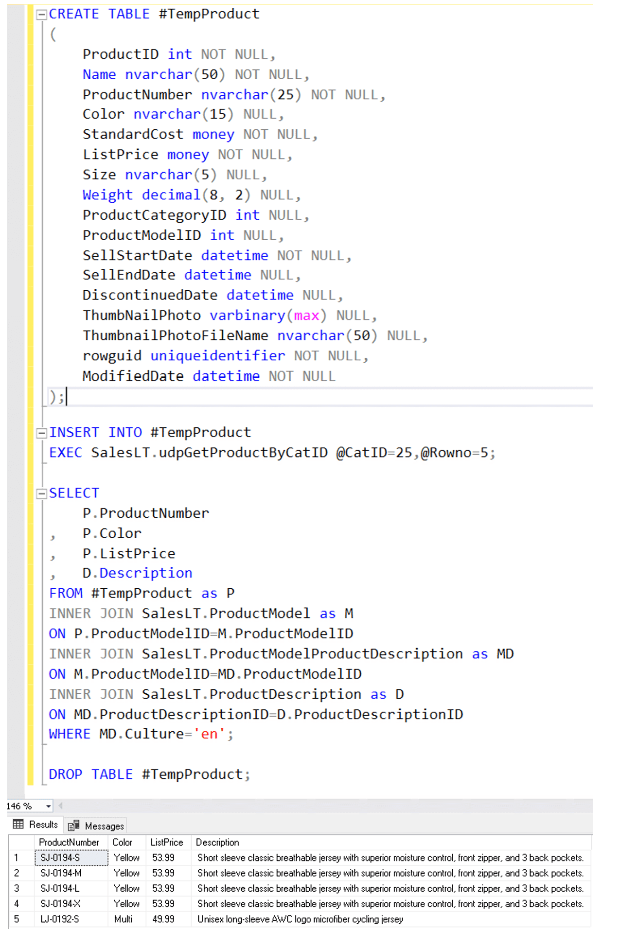 ผลลัพธ์การเรียกใช้ Stored Procedure เขียนแบบมี Temp Table