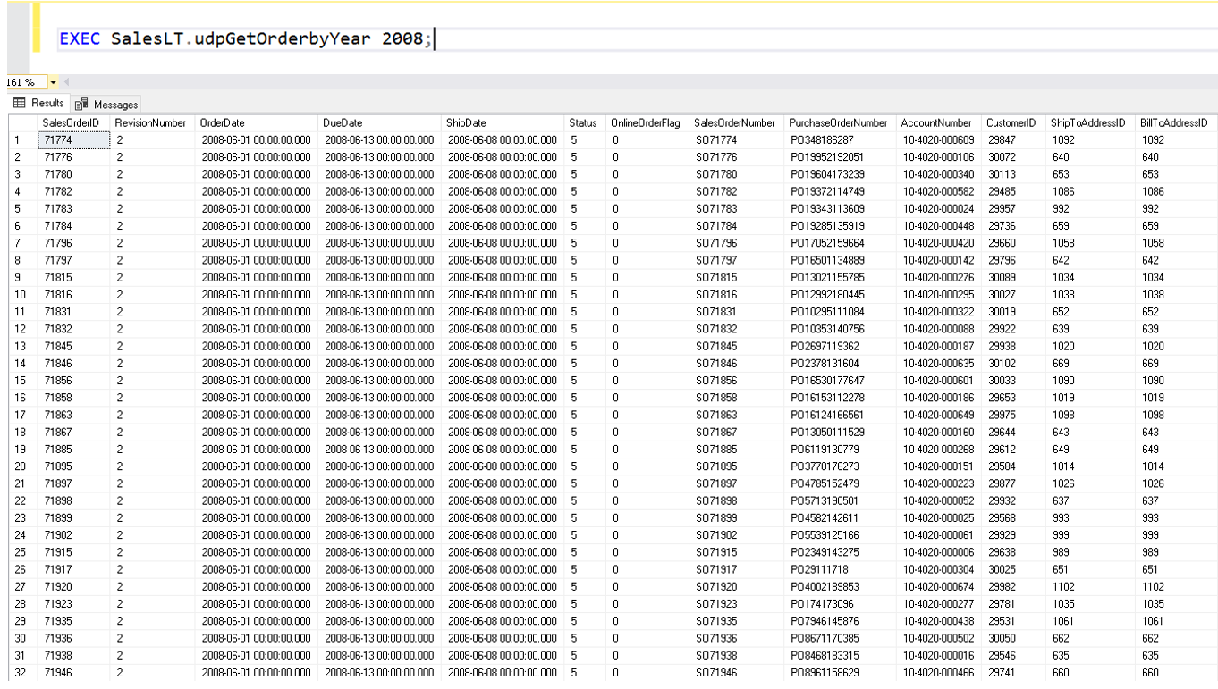 ผลลัพธ์ของ Stored Procedure ชื่อ SalesLT.udpProductAndDescription โดยกำหนดค่า Parameter YearNumber =2008