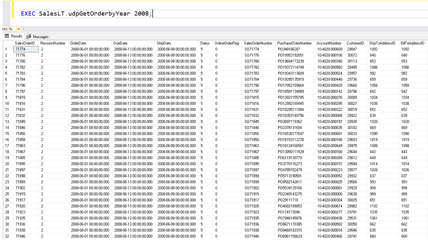 ผลลัพธ์ของ Stored Procedure ชื่อ SalesLT.udpProductAndDescription โดยกำหนดค่า Parameter YearNumber =2008 