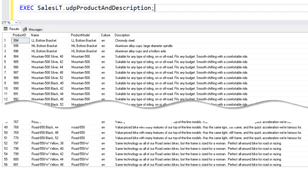 การ Execute Stored Procedure SalesLT.udpProductAndDescription