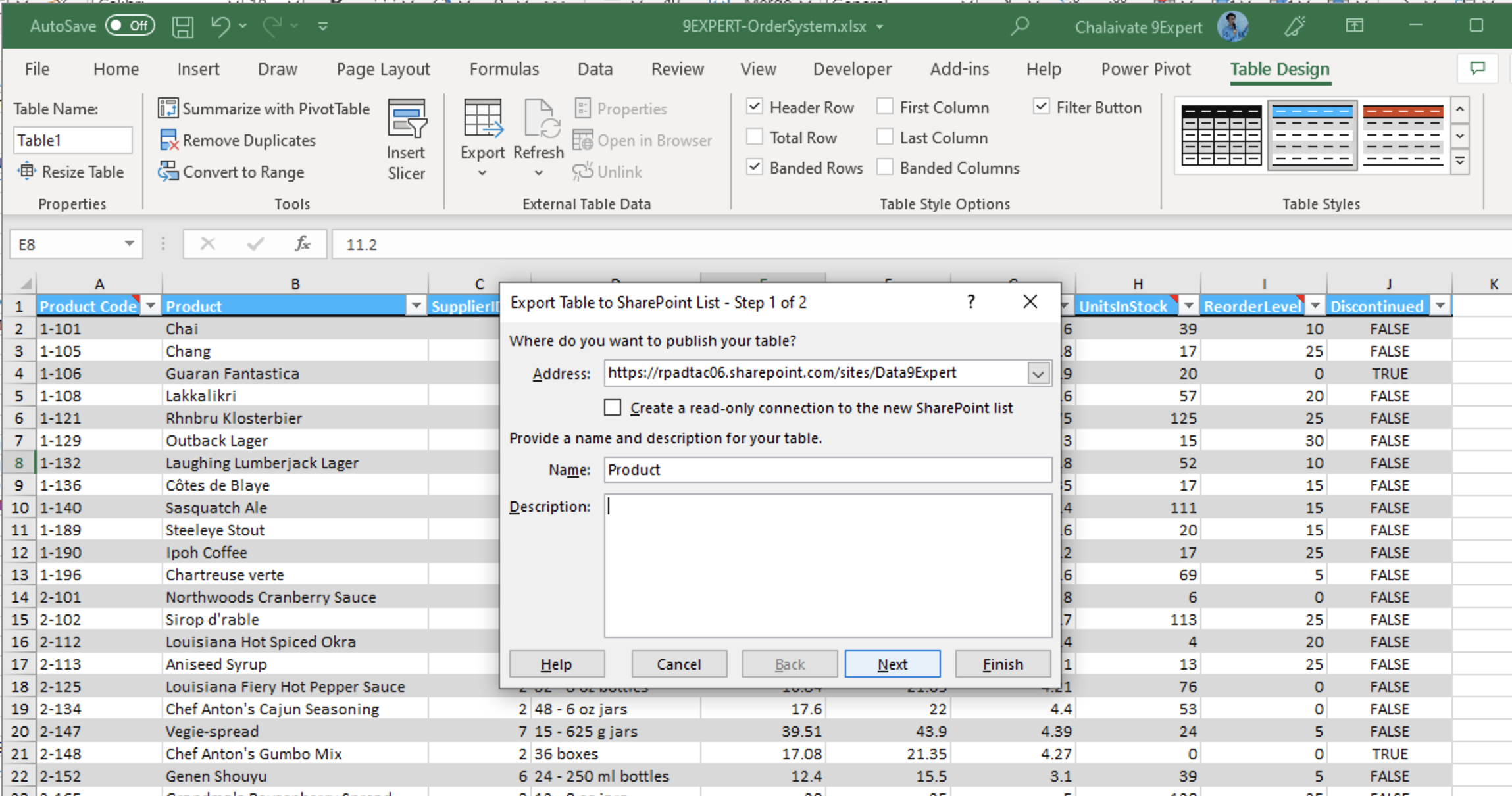 การกำหนดการ Export Table จาก Excel เข้าสู่ SharePoint