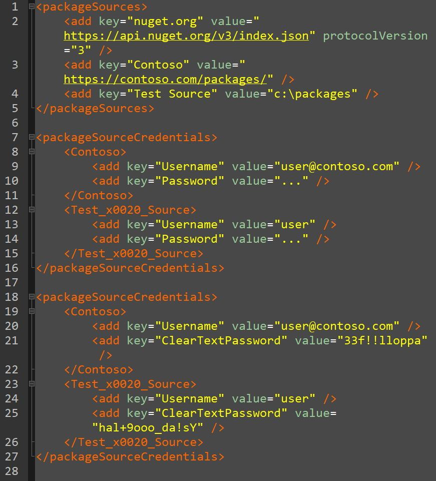 โค้ดภายในไฟล์ NetGet.config ส่วน packageSources และส่วนที่กำหน้าที่กำหนดครีเดนเชียล