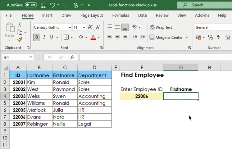 ตัวอย่างการใช้งาน XLOOKUP เพื่อหาชื่อพนักงาน จาก รหัสพนักงาน