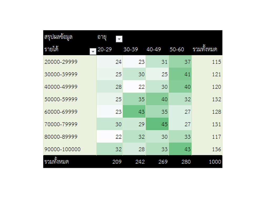 ตารางสรุปช่วงรายได้และอายุของพนักงาน 