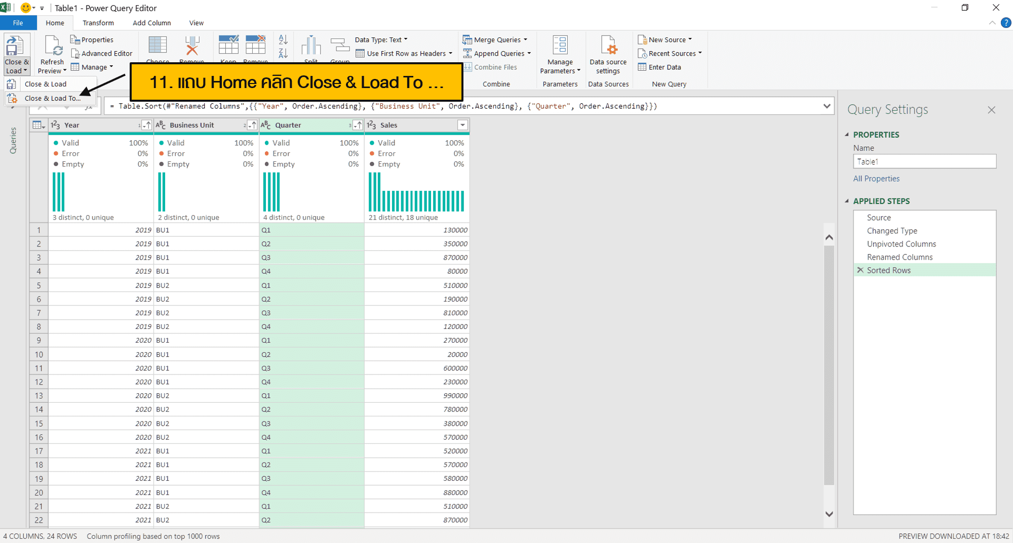 การ Load ข้อมูลจาก Power Query Editor ไปใส่ในตารางใน Excel 