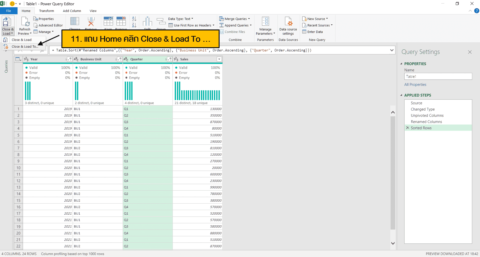 การ Load ข้อมูลจาก Power Query Editor ไปใส่ในตารางใน Excel