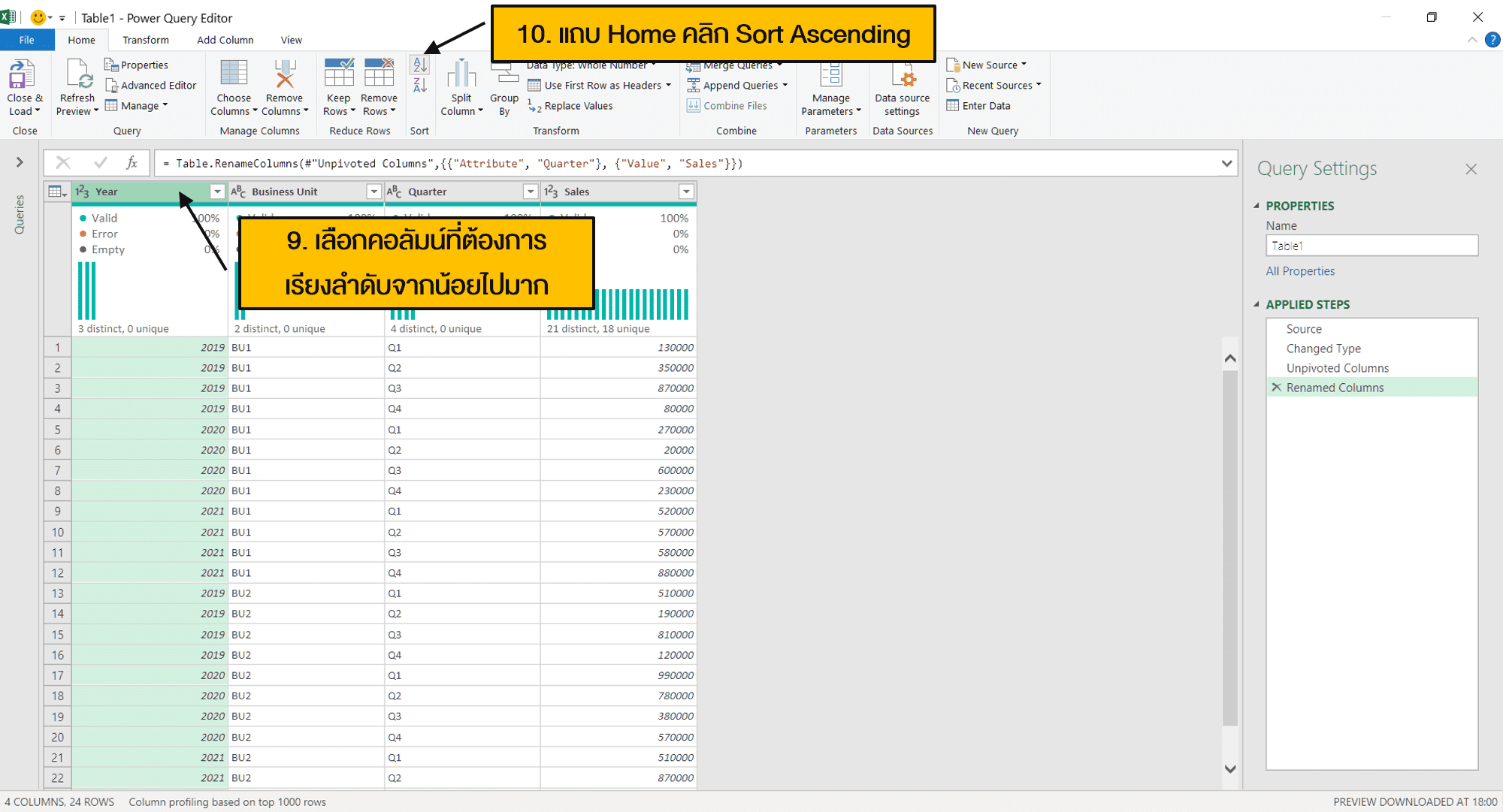 การเรียงข้อมูลจากน้อยไปหามาก (Sort Ascending) ใน Power Query Editor