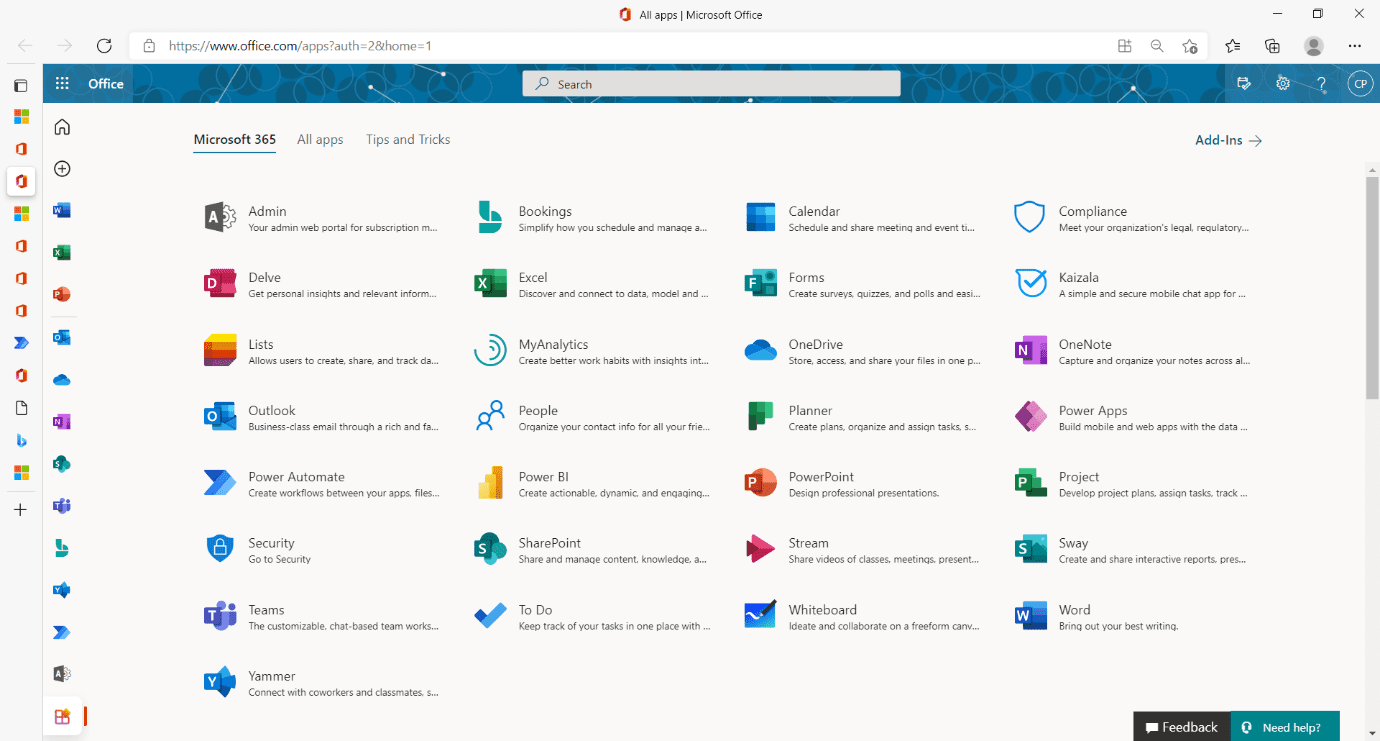 ตัวอย่างการซอฟต์แวร์ของ Microsoft 365 Business Standard ที่เข้าผ่าน office.com