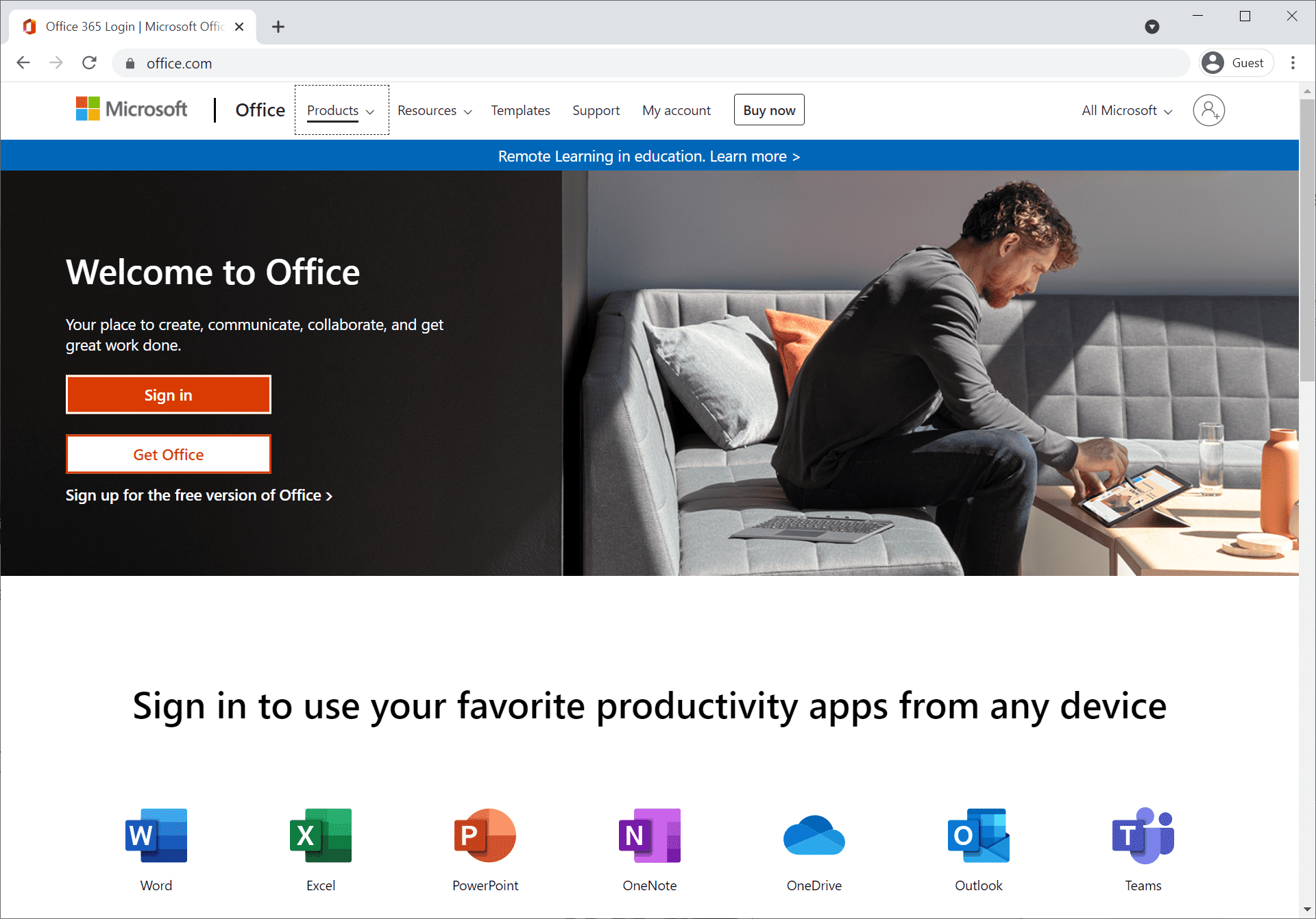 หน้าต่างของ Office.com เพื่อเริ่มต้นใช้งานและสมัครใช้งาน