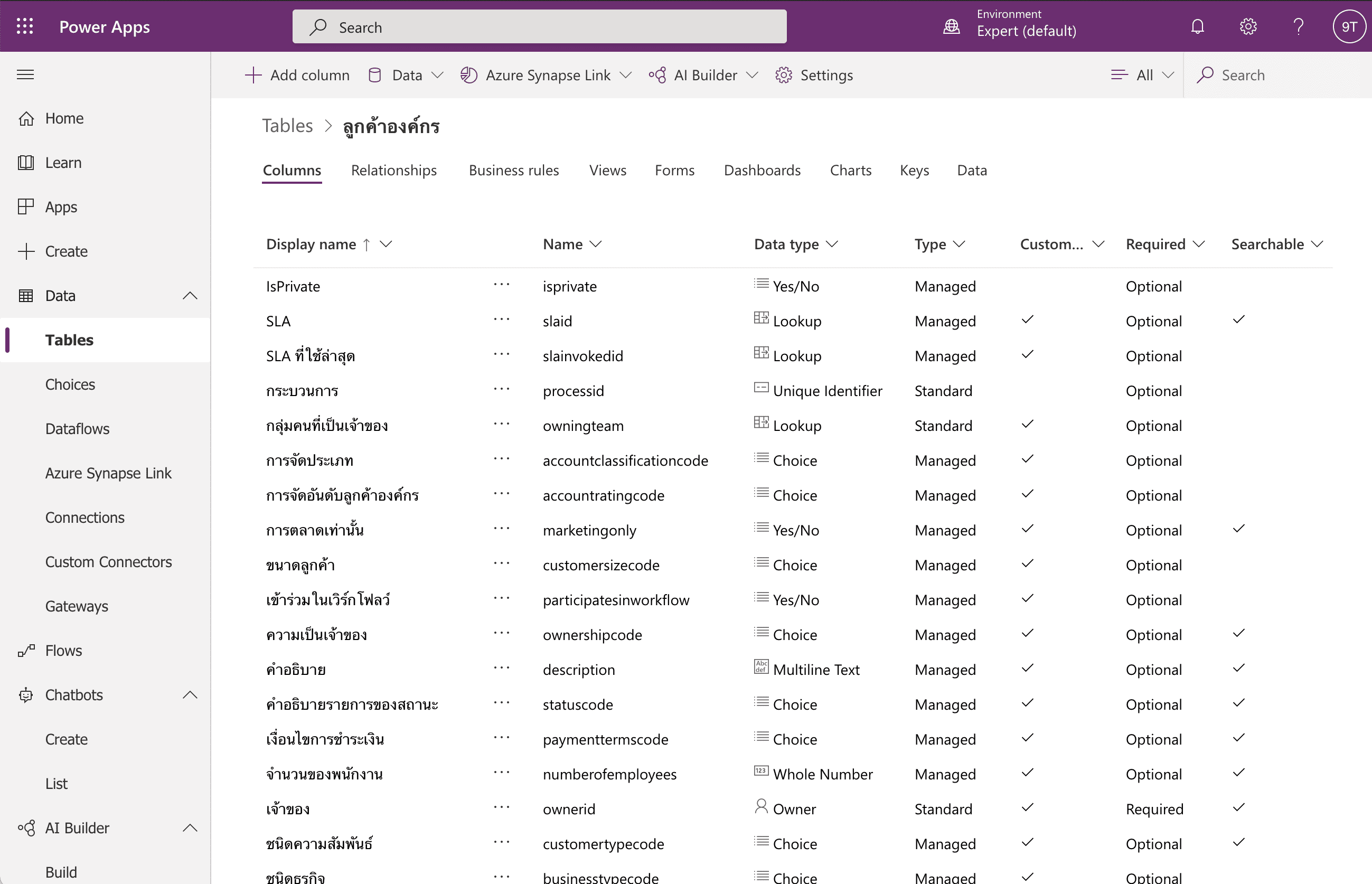 ตัวอย่างคอลัมน์จากตาราง ลูกค้าองค์กร จาก Microsoft Dataverse