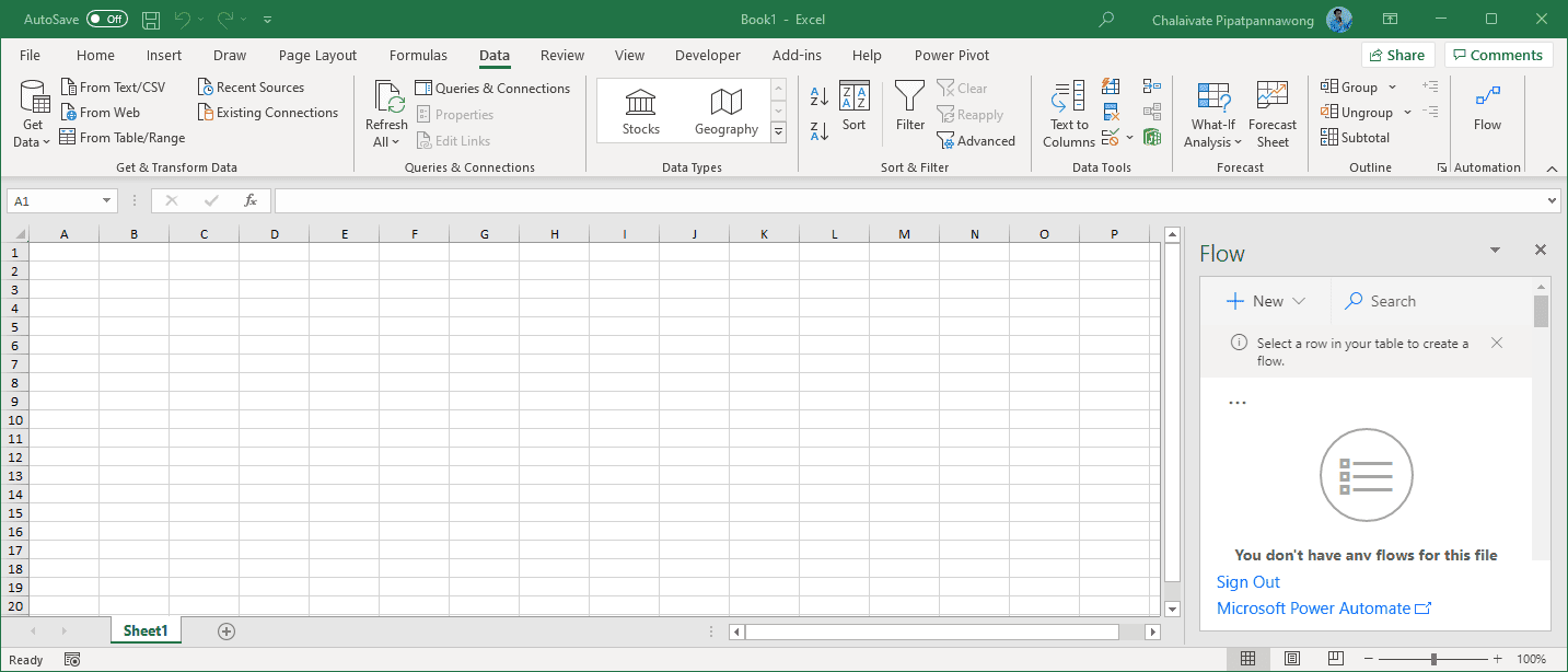 Microsoft Power Automate หรือ Microsoft Flow for Excel จะมีปุ่ม Flow ใน Tab Data