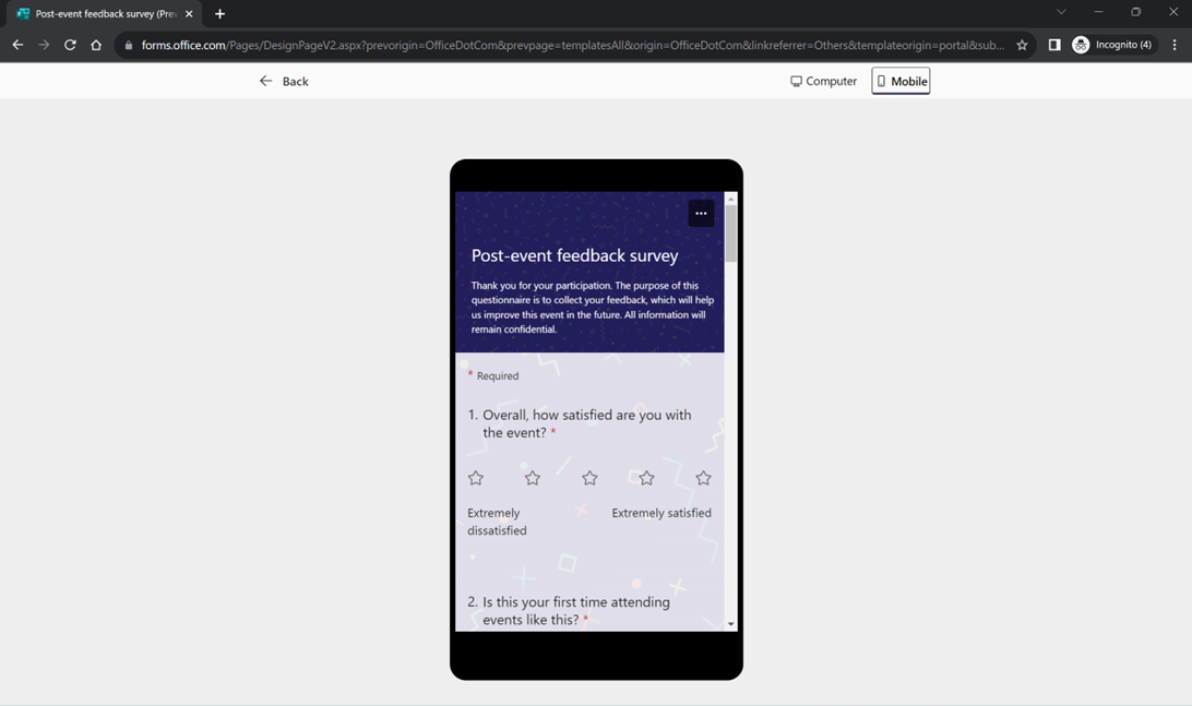 การแสดงผล Microsoft Forms สำหรับ Mobile