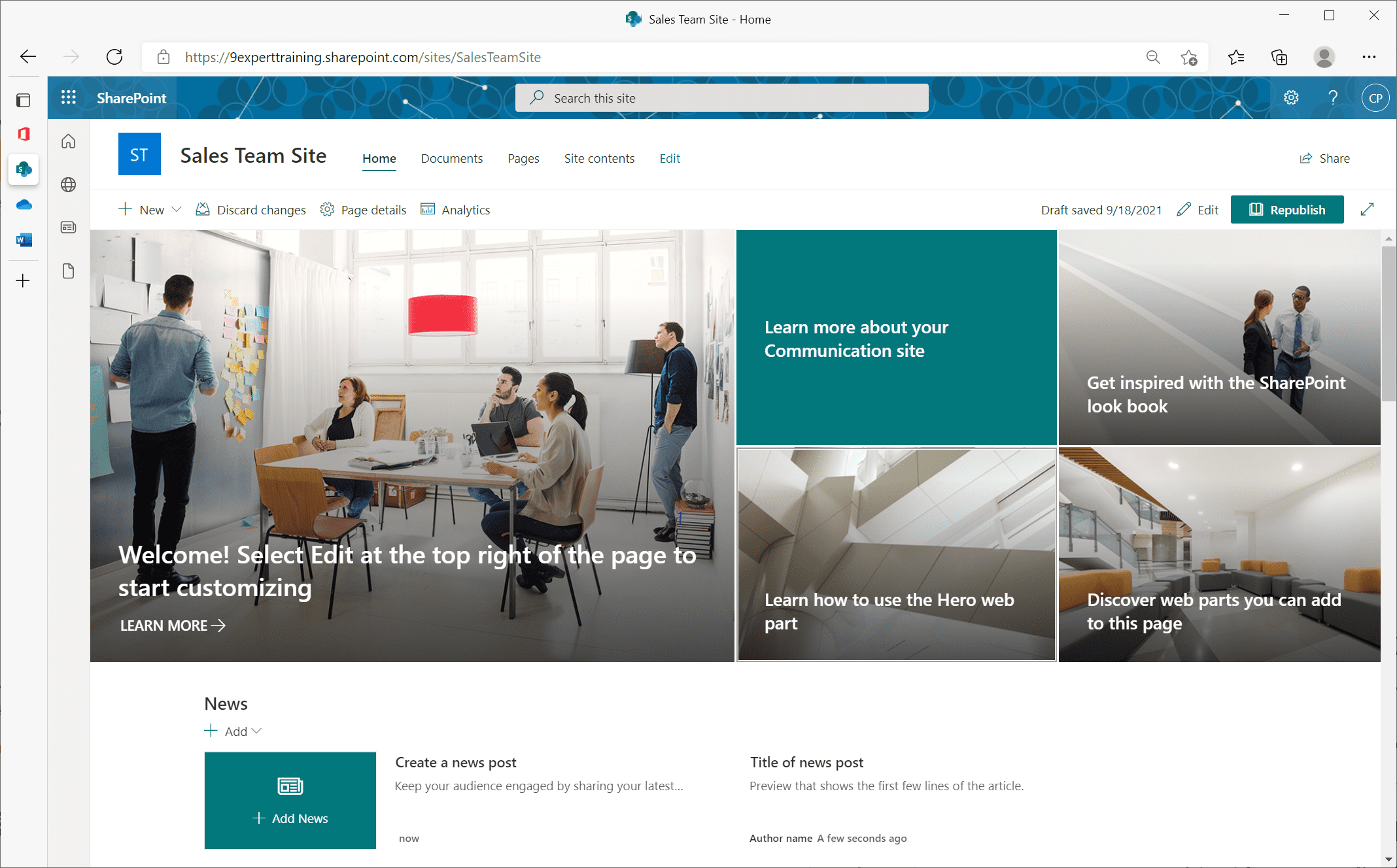 ตัวอย่างหน้าต่าง SharePoint สำหรับการสร้างเว็บไซต์ ให้คนในองค์กรให้เข้าถึงได้
