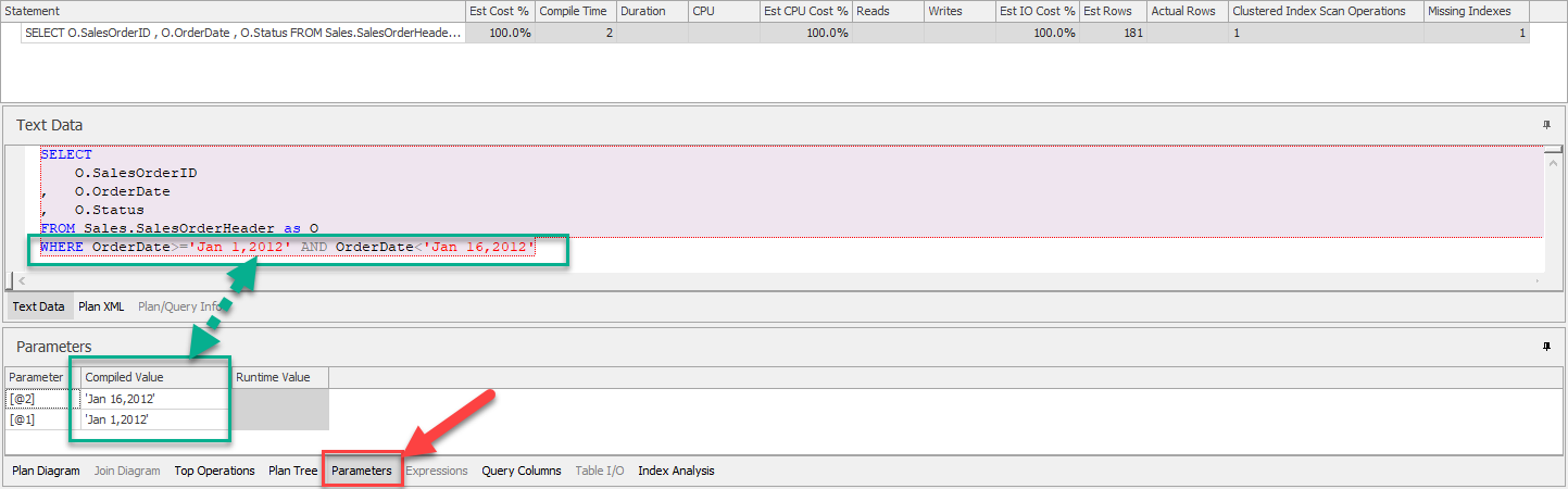 แท็บ Parameters เพื่อแสดงพารามิเตอร์ที่ใช้ในคำสั่ง