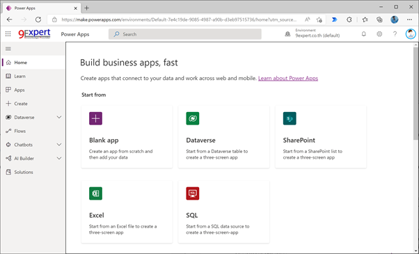 หน้า Home ของ Power Apps สำหรับการสร้าง Apps จาก Data source ได้เลย
