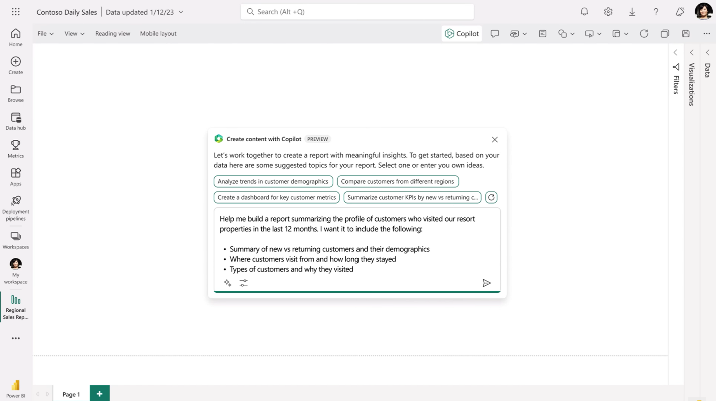 Copilot in Power BI create content with Copilot
