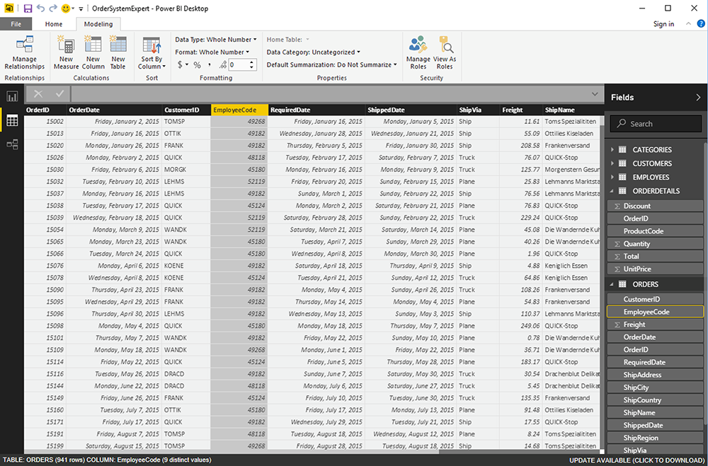 มุมมอง Data Sheet ใน Microsoft Power BI Desktop พร้อมเครื่องมือมากมาย