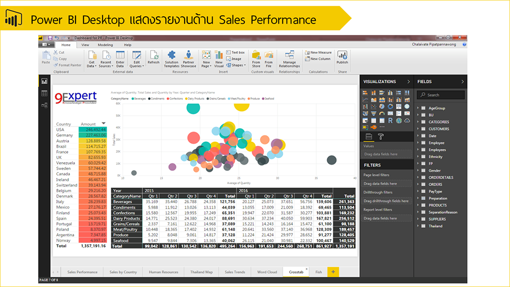 Power BI Desktop แสดงรายงานด้าน Sales Performance