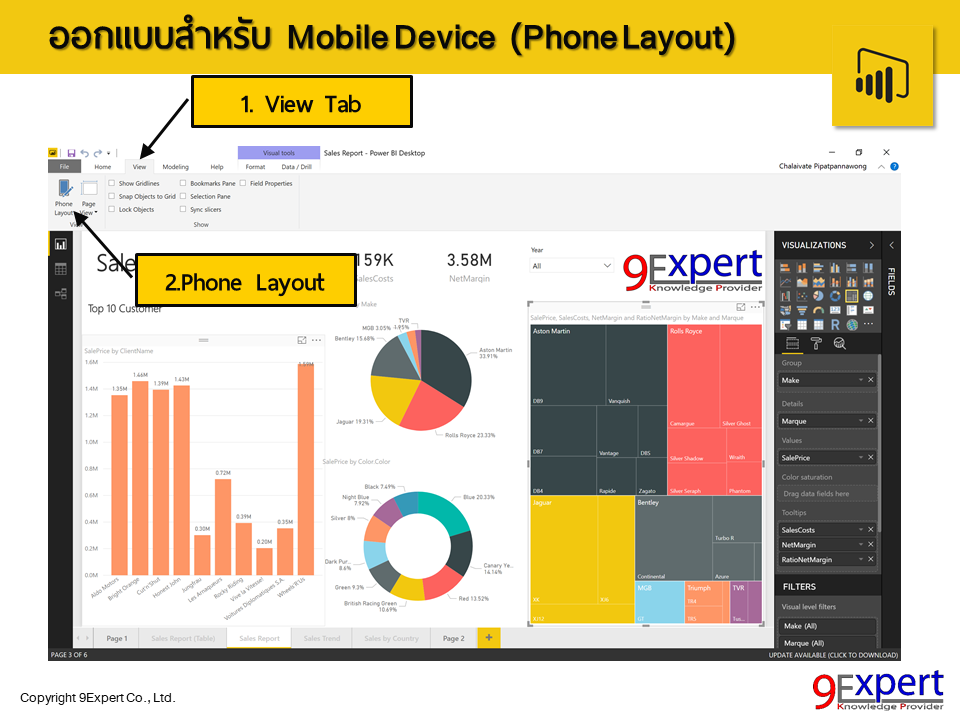 Power BI Desktop โดยคลิกที่ Tab View เลือก Phone Layout จะเข้าสู่คำสั่งในการกำหนดค่า