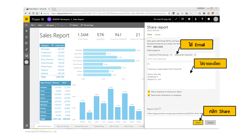 การแชร์ Report เพื่อใช้ระบุบุคคลที่ต้องการจะเผยแพร่ ทำได้โดยการ เปิด Report ขึ้นมาผ่านทาง Power BI Service แล้วคลิกที่ Share