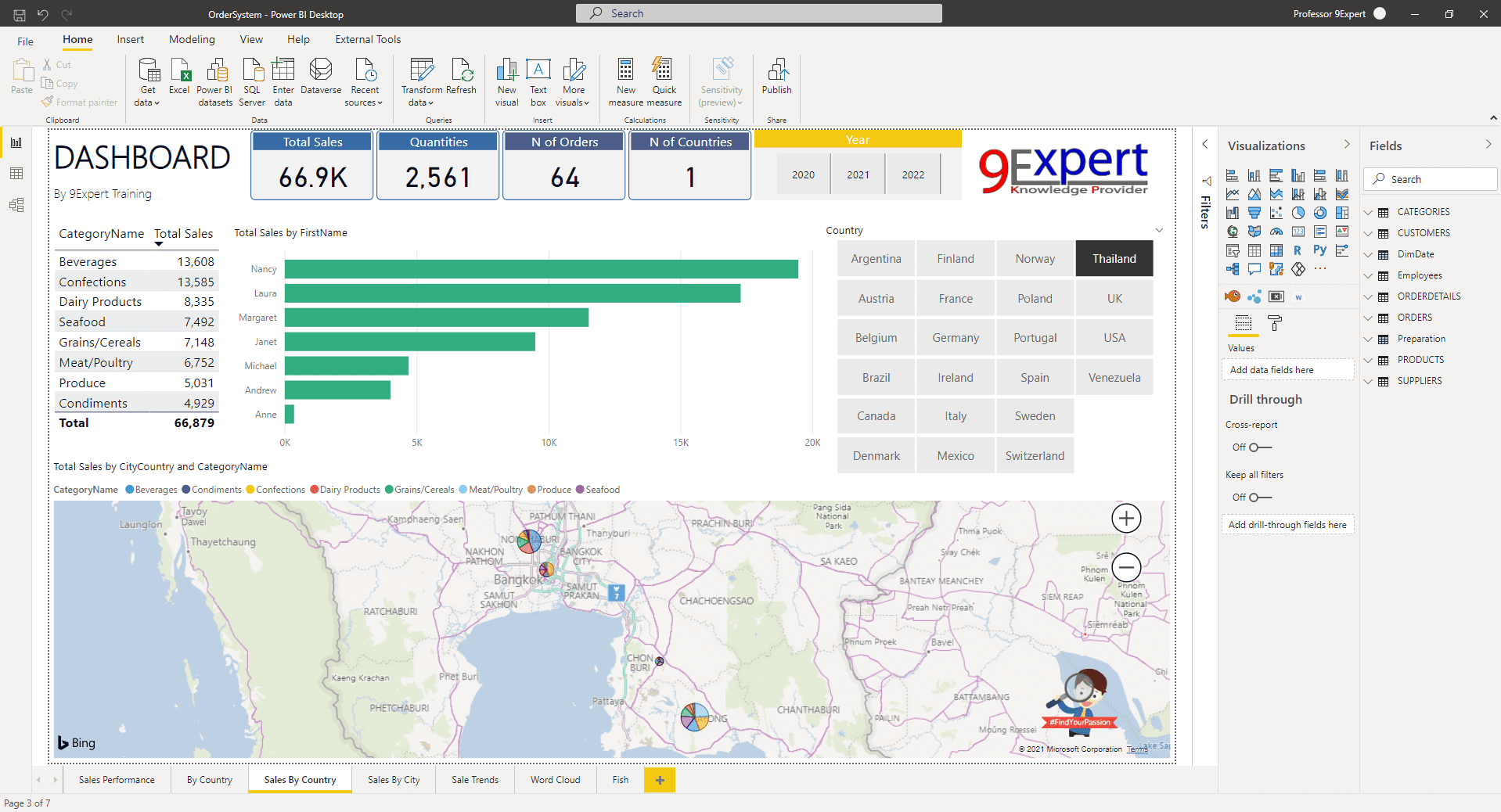โปรแกรม Power BI Desktop มุมมอง Report View ทั้ง แผนที่ และตาราง พร้อม Visualization ต่าง ๆ