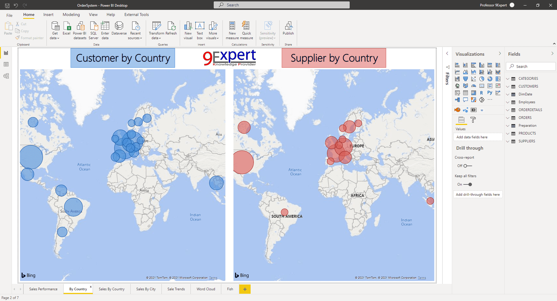 โปรแกรม Power BI Desktop ที่จะแสดงแผนที่โดยใช้ Map