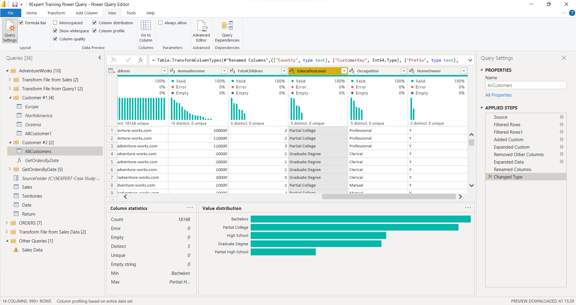 ส่วนประกอบของ Power Query Editor ประกอบด้วย Formular bar, Column Profile, Column Distribute, Query Settings