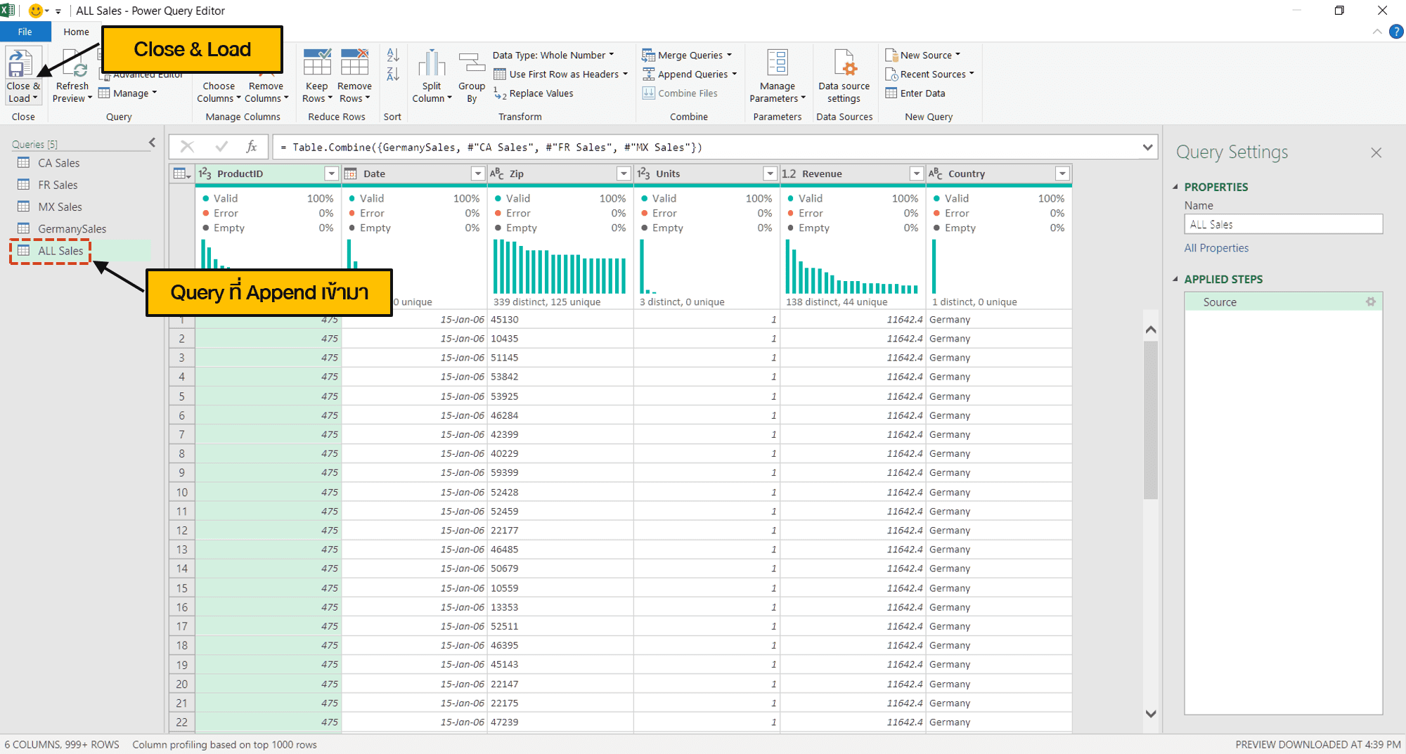 หน้าต่าง Power Query Editor ที่แสดง Query ALL Sales ที่เกิดจากนำ 4 Queries มา Append รวมกัน