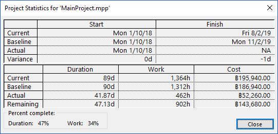 หน้าต่าง Project Statistics