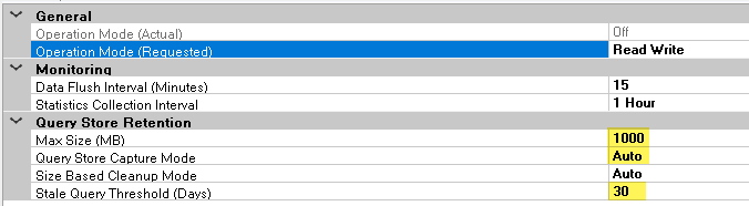 ค่า Default ของ Query Store บน Microsoft SQL Server 2019