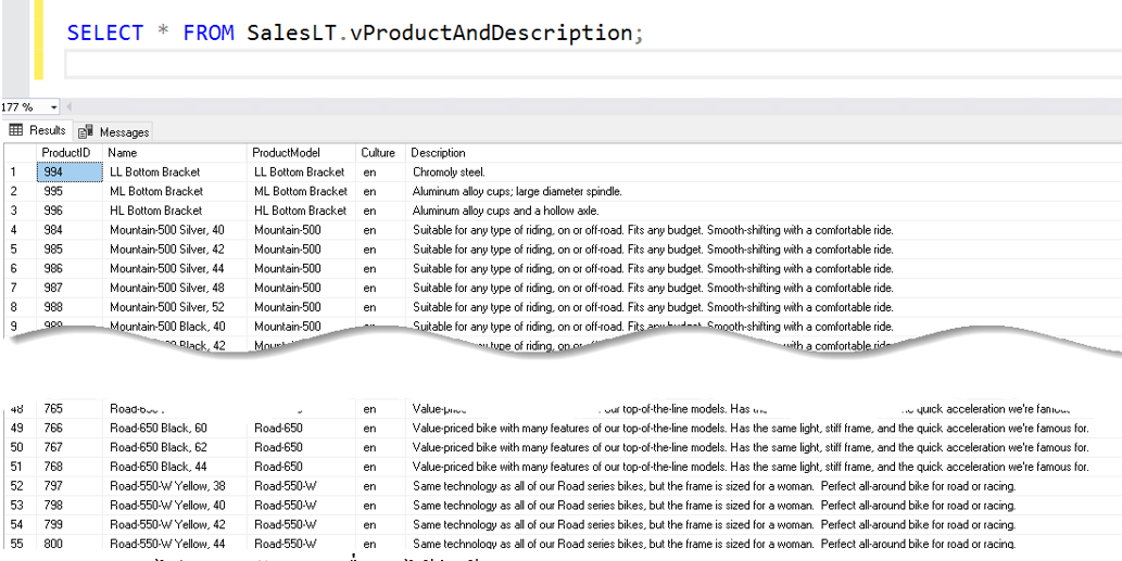 ผลลัพธ์จากการการ Select ข้อมูลจาก object View ชื่อ SalesLT.udpProductAndDescription