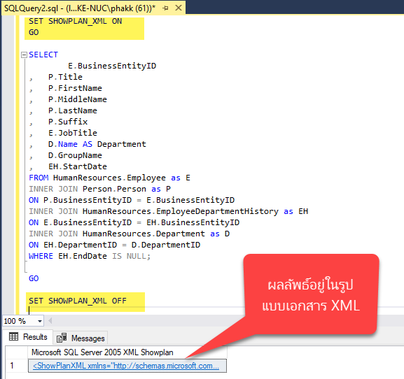 ผลลัพธ์ที่ได้พบว่าคิวรี่ไม่ถูก Execute แต่จะปรากฏเอกสาร XML 