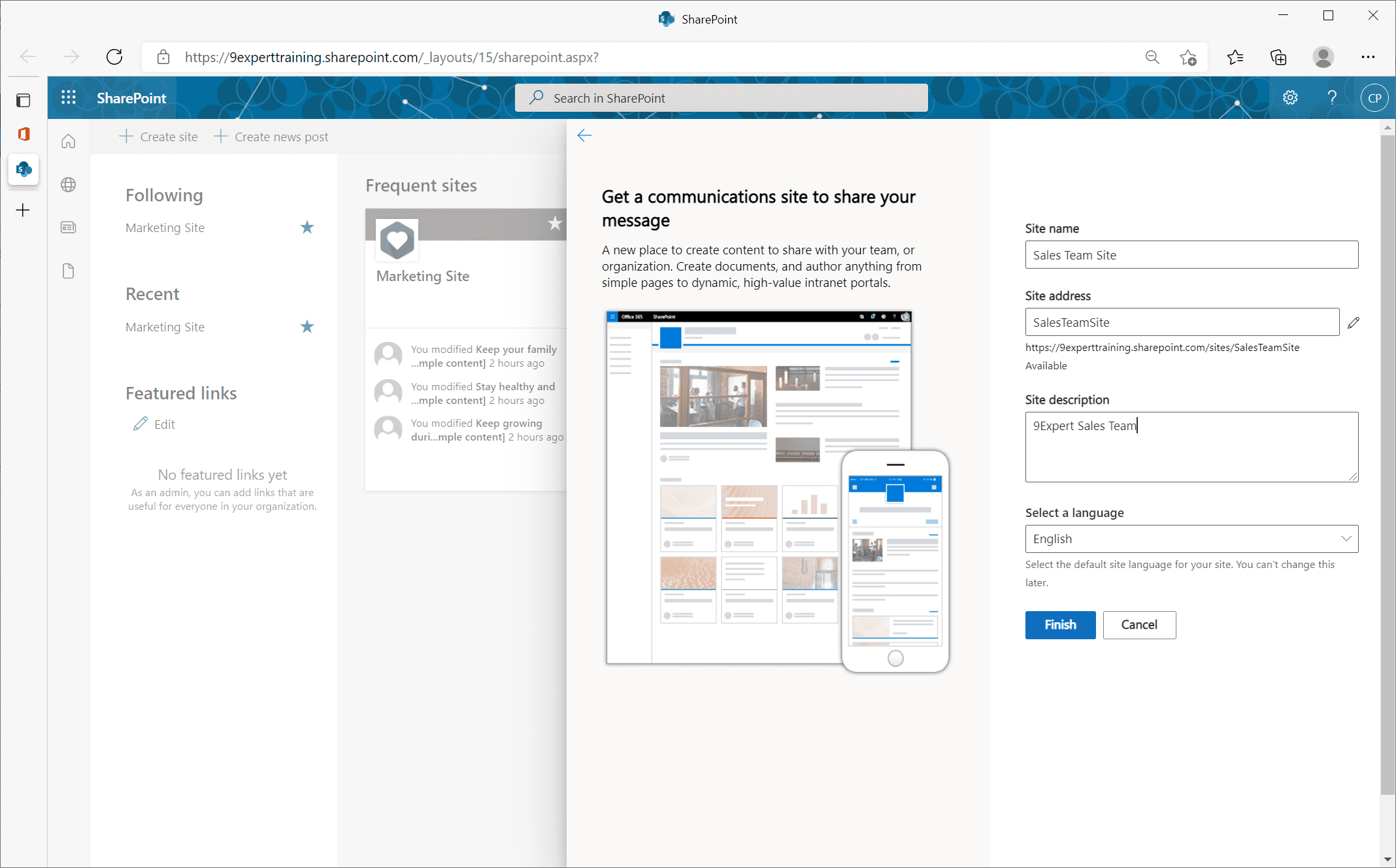 การตั้งค่าการสร้างเว็บไซต์ของ SharePoint สำหรับ Communication Site