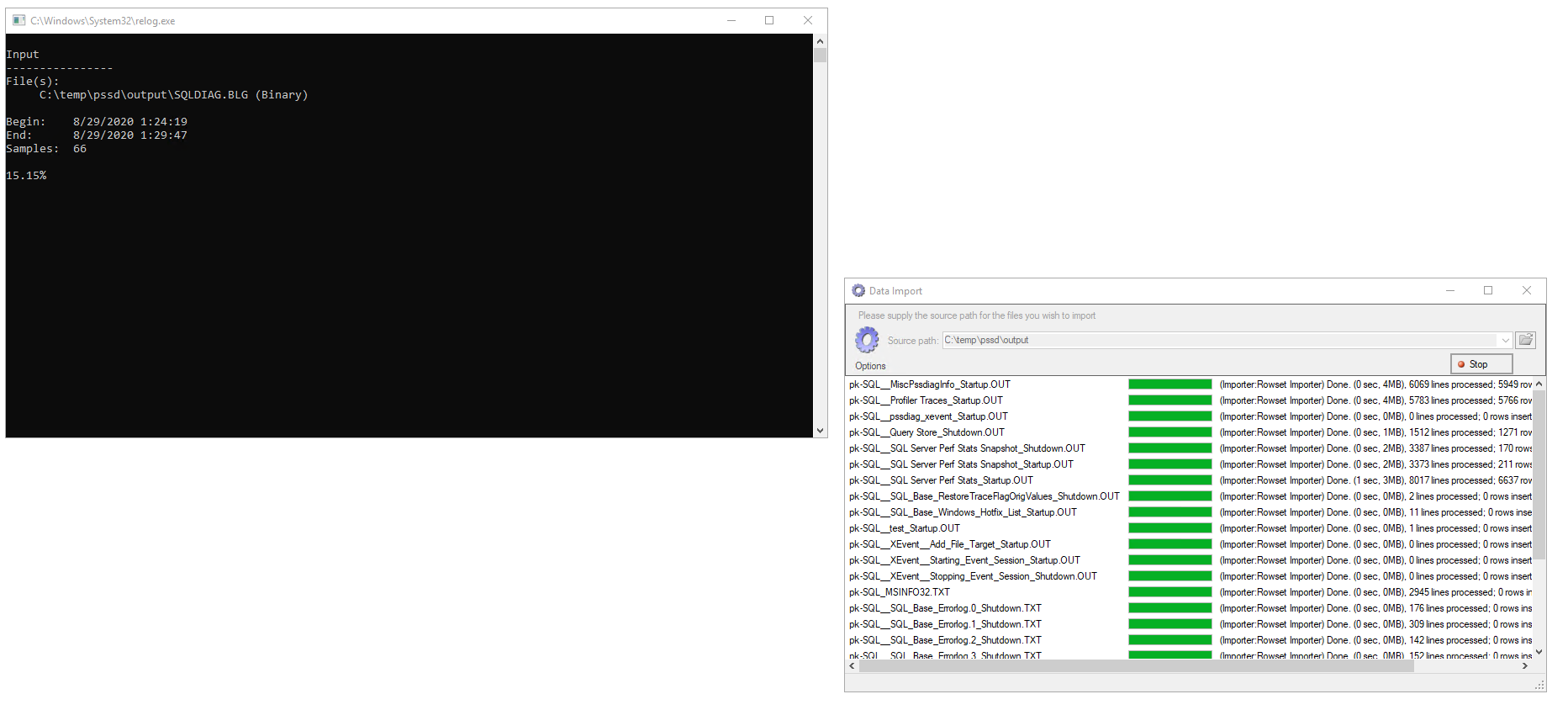 หลังจากฐานข้อมูลถูกสร้าง SQL Nexus จะเริ่มทำการ Import ข้อมูล