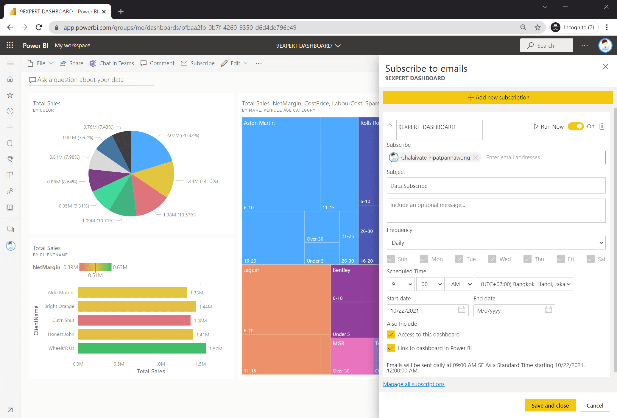 การกำหนดค่า Subscribe to emails ใน Power BI Dashboard