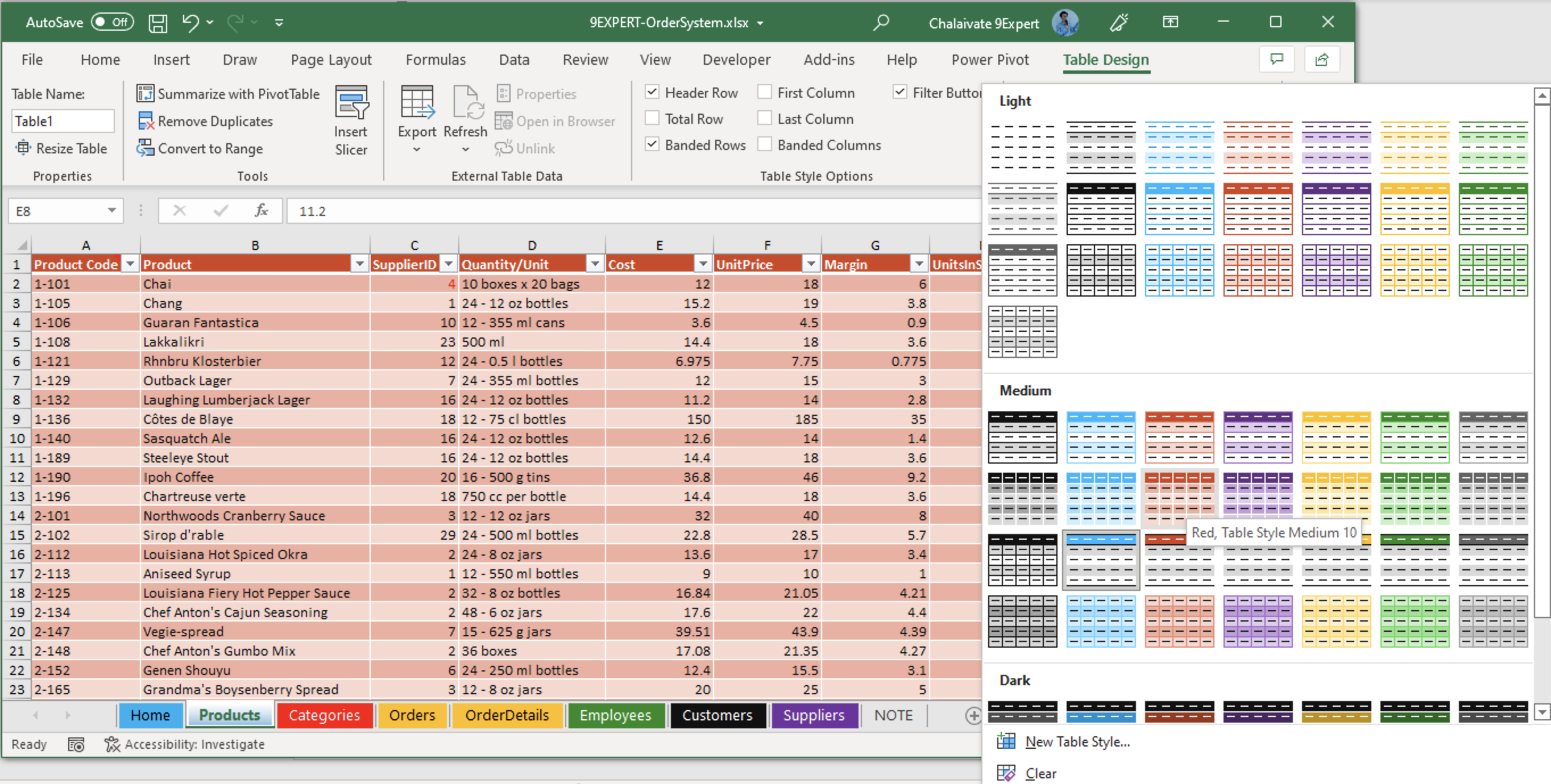 การออกแบบ Table ใน Excel