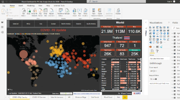 dashboard ที่แสดงแผนที่ของยอดผู้ป่วยด้วย Power BI Desktop