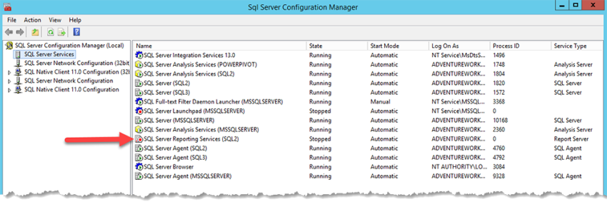  Reporting Service มีสถานะเป็น Stopped 