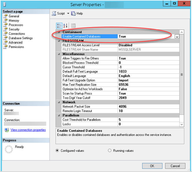 Enable Contained Databases ให้ตั้งค่าเป็น TRUE