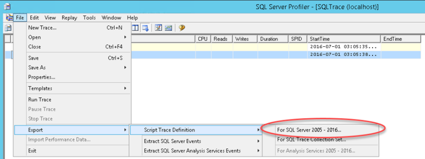รูปภาพแสดง การ Export ไปเป็น Script Trace