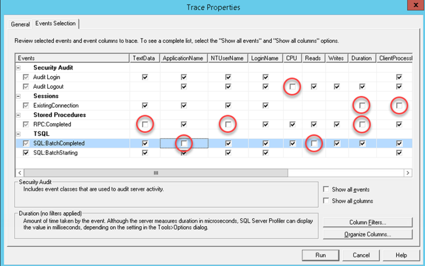 รูปภาพ แสดงการ Deselect ไม่แสดง Columns ในบาง Events
