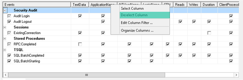 รูปภาพ แสดงการ Deselect ไม่แสดง Column “ApplicationName” ในทุก Events