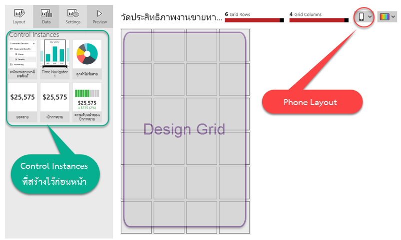 เลือก Layout Format เป็น Phone ก็จะได้ Design Grid เปล่า ๆ สำหรับออกแบบ Layout ให้เหมาะสม กับโทรศัพท์มือถือ