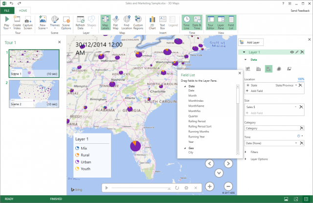 Power Map 3D บน Excel Power BI สามารถแสดงผลแผนที่โดยใช้ Bing Map เป็น Engine