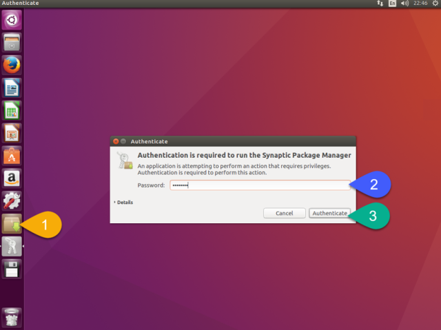 เรียกใช้ Synaptic Package Manager ทันทีหลังติดตั้งเสร็จ จะปรากฏหน้าต่าง Authenticate ขึ้น