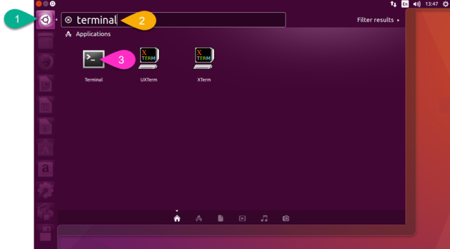 Search Your Computer บน Desktop แล้วค้นหาโปรแกรม Terminal เพื่อใช้เข้าถึง Shell ของ Linux
