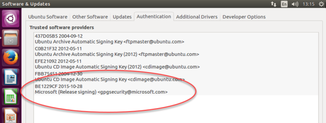 GPG (GNU Privacy Guard) Public Key ของ Microsoft ปรากฏในรายการ Trusted Software Providers