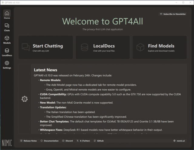 เมื่อติดตั้งเสร็จให้เปิดโปรแกรมโดยกดปุ่ม Start กดไอคอน GPT4ALL จะเห็นหน้าตาแบบนี้ 